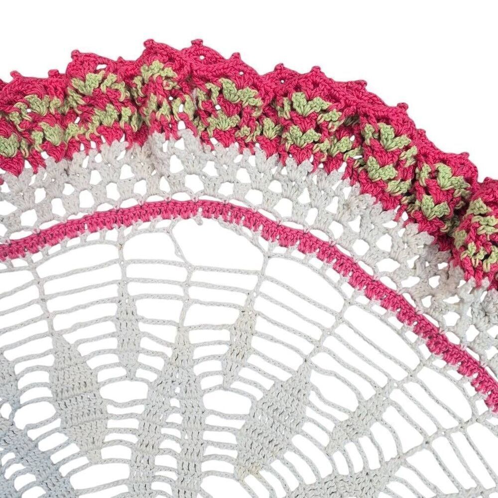 Crochet, Vintage Cotton White/Hot Pink/Green 21" Ruffled Doily, Handmade - Picture 5 of 7